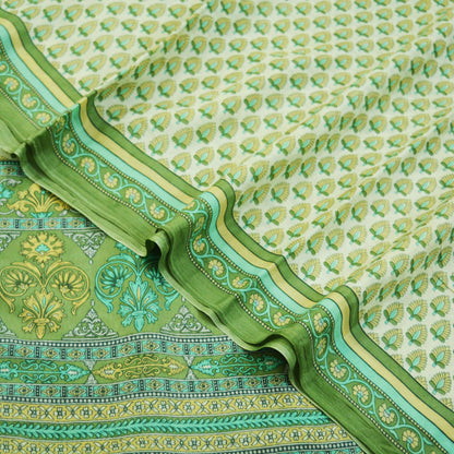 Indian Vintage Sari Ivory & Green Pure Silk Printed Sarees 5yd Sewing Craft Fabric DressMaking Soft Floral Quilting Crafting Upcycle Wrap