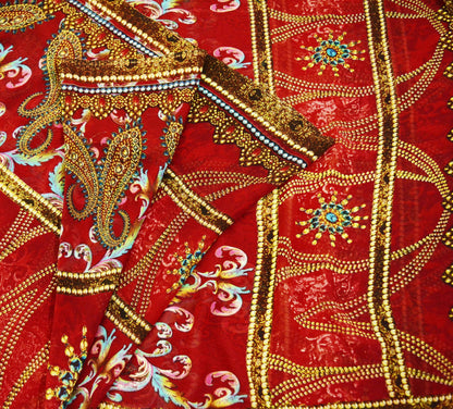 Indian Women Vintage Sari Red Pure Georgette Silk Digital Printed Sarees 5Yd Craft Fabric Sewing Light Dress Making Paisley Quilting Upcycle