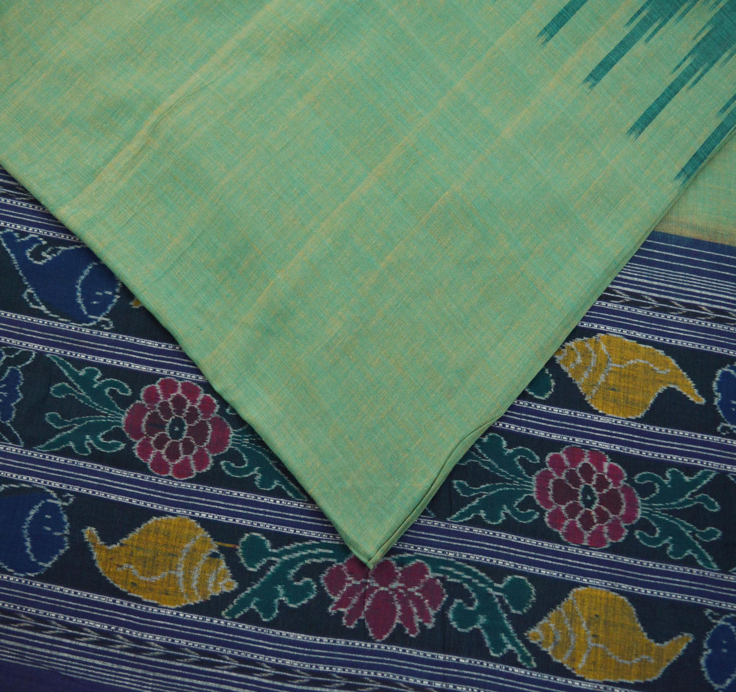 Indian Vintage Sari Green & Blue Pure Cotton Hand woven Sambalpuri Ikat Saree Ethnic Craft Fabric 5Yard Chackra Border Fringes Upcycle Soft