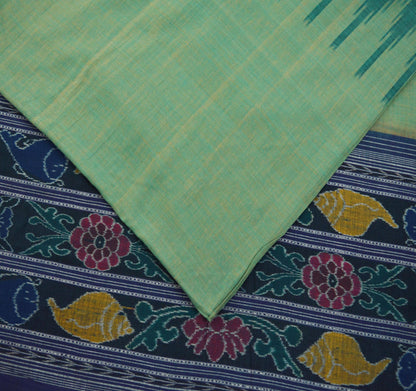 Indian Vintage Sari Green & Blue Pure Cotton Hand woven Sambalpuri Ikat Saree Ethnic Craft Fabric 5Yard Chackra Border Fringes Upcycle Soft