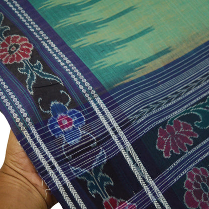 Indian Vintage Sari Green & Blue Pure Cotton Hand woven Sambalpuri Ikat Saree Ethnic Craft Fabric 5Yard Chackra Border Fringes Upcycle Soft