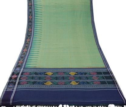 Indian Vintage Sari Green & Blue Pure Cotton Hand woven Sambalpuri Ikat Saree Ethnic Craft Fabric 5Yard Chackra Border Fringes Upcycle Soft