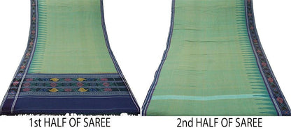 Indian Vintage Sari Green & Blue Pure Cotton Hand woven Sambalpuri Ikat Saree Ethnic Craft Fabric 5Yard Chackra Border Fringes Upcycle Soft