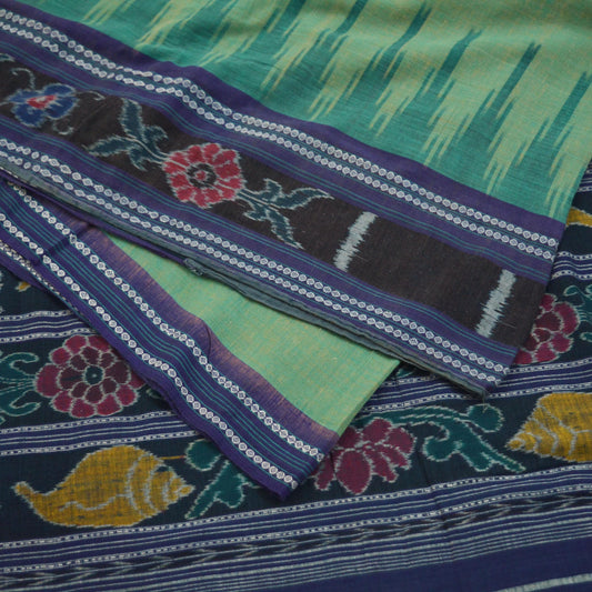 Indian Vintage Sari Green & Blue Pure Cotton Hand woven Sambalpuri Ikat Saree Ethnic Craft Fabric 5Yard Chackra Border Fringes Upcycle Soft