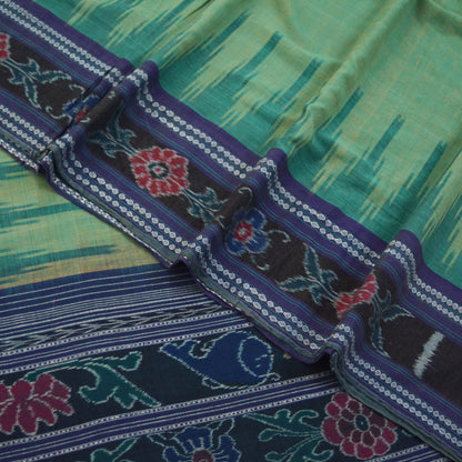 Indian Vintage Sari Green & Blue Pure Cotton Hand woven Sambalpuri Ikat Saree Ethnic Craft Fabric 5Yard Chackra Border Fringes Upcycle Soft