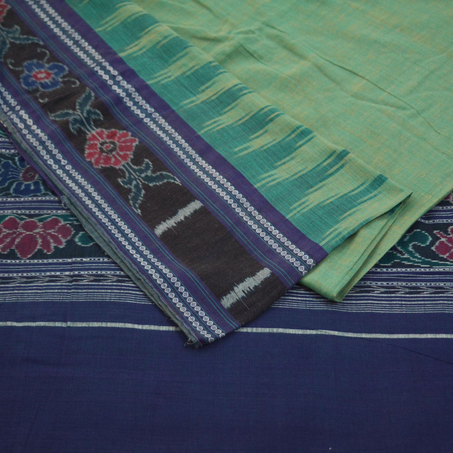 Indian Vintage Sari Green & Blue Pure Cotton Hand woven Sambalpuri Ikat Saree Ethnic Craft Fabric 5Yard Chackra Border Fringes Upcycle Soft
