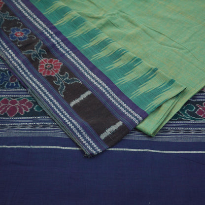 Indian Vintage Sari Green & Blue Pure Cotton Hand woven Sambalpuri Ikat Saree Ethnic Craft Fabric 5Yard Chackra Border Fringes Upcycle Soft