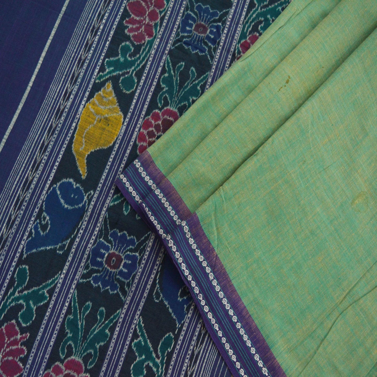 Indian Vintage Sari Green & Blue Pure Cotton Hand woven Sambalpuri Ikat Saree Ethnic Craft Fabric 5Yard Chackra Border Fringes Upcycle Soft