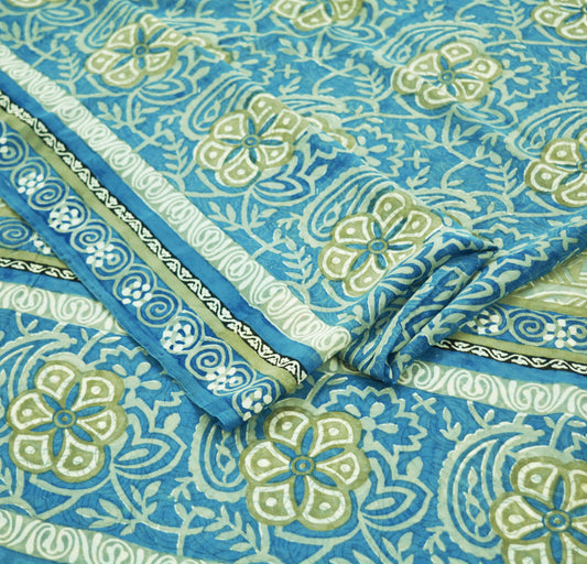 Indian Vintage Sari Blue 100% Pure Georgette Silk Hand Block Printed Sarees Sewing 5yd Craft Fabric Soft Dress Designing for Crafting Floral