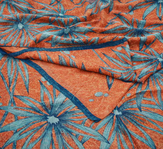 Indian Vintage Sari Orange Pure Georgette Silk Hand Embroidered Mukesh Printed Sarees 5Yd Craft Fabric Sewing Light Weight Sari Quilting