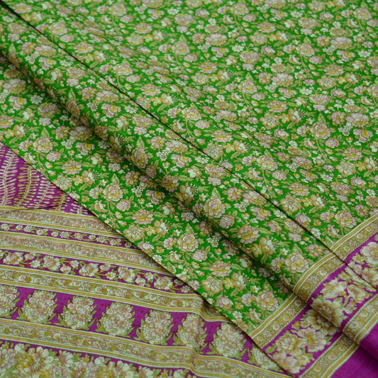 Indian Vintage Sari Purple & Green Pure Silk Printed Saree 5yd Sewing Quilting Craft Fabric Dress Making/ Designing Soft Upcycle Used Floral