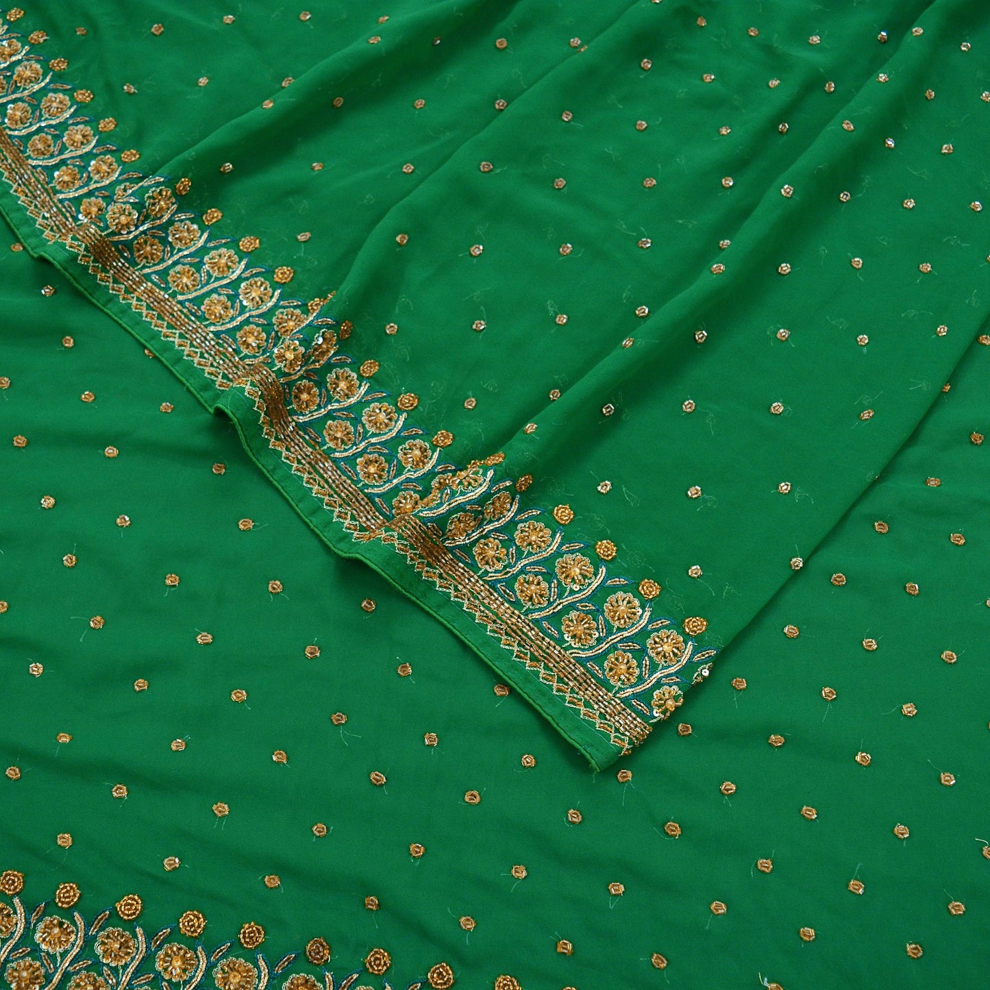 Indian Vintage Heavy Sari Green Georgette Hand Embroidered Sarees 6Yd Craft Fabric Sewing Ethnic Zardozi/Dabka Sequins Bollywood Sarees