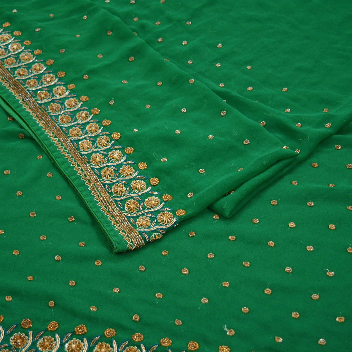 Indian Vintage Heavy Sari Green Georgette Hand Embroidered Sarees 6Yd Craft Fabric Sewing Ethnic Zardozi/Dabka Sequins Bollywood Sarees