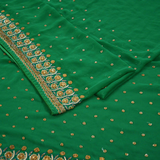 Indian Vintage Heavy Sari Green Georgette Hand Embroidered Sarees 6Yd Craft Fabric Sewing Ethnic Zardozi/Dabka Sequins Bollywood Sarees