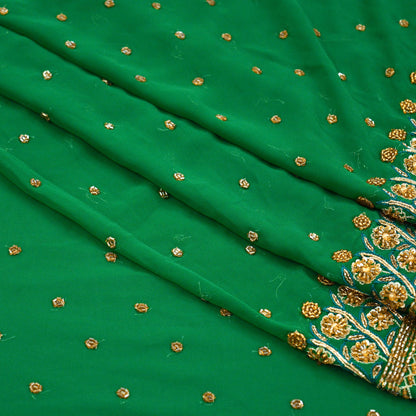 Indian Vintage Heavy Sari Green Georgette Hand Embroidered Sarees 6Yd Craft Fabric Sewing Ethnic Zardozi/Dabka Sequins Bollywood Sarees