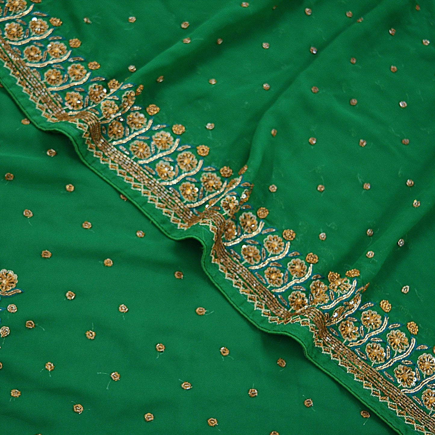 Indian Vintage Heavy Sari Green Georgette Hand Embroidered Sarees 6Yd Craft Fabric Sewing Ethnic Zardozi/Dabka Sequins Bollywood Sarees