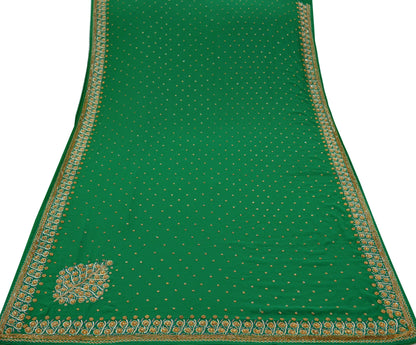 Indian Vintage Heavy Sari Green Georgette Hand Embroidered Sarees 6Yd Craft Fabric Sewing Ethnic Zardozi/Dabka Sequins Bollywood Sarees