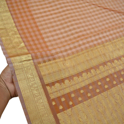Indian Vintage Sari Brown Pure Organza Silk Hand Woven Sarees 5Yd Zari Border Ethnic Craft Fabric Bollywood Sarees Quilting Crafting Upcycle