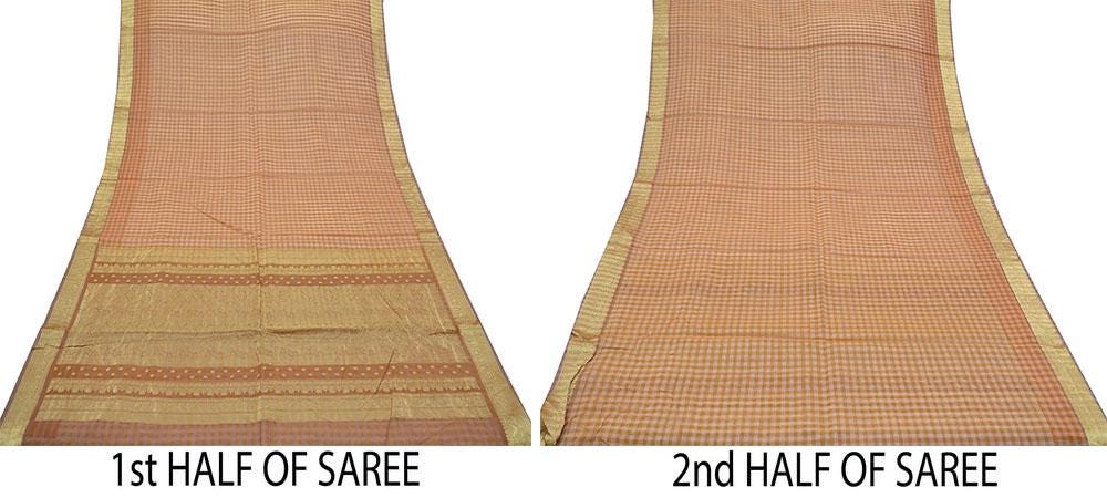 Indian Vintage Sari Brown Pure Organza Silk Hand Woven Sarees 5Yd Zari Border Ethnic Craft Fabric Bollywood Sarees Quilting Crafting Upcycle