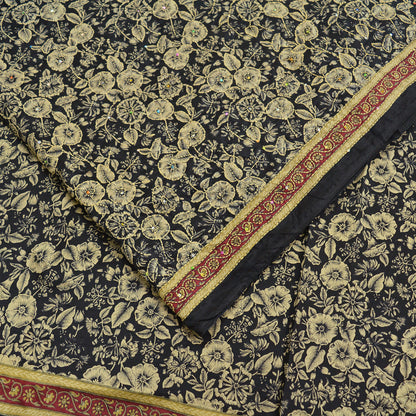 Indian Vintage Sari Black Art Silk Hand Embroidered Kantha Sarees 5yd Craft Fabric Ethnic Sewing Floral Soft Sequins Quilting Crafting Used