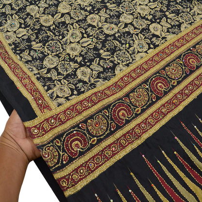 Indian Vintage Sari Black Art Silk Hand Embroidered Kantha Sarees 5yd Craft Fabric Ethnic Sewing Floral Soft Sequins Quilting Crafting Used