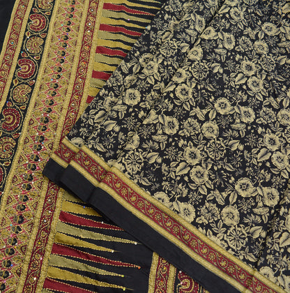 Indian Vintage Sari Black Art Silk Hand Embroidered Kantha Sarees 5yd Craft Fabric Ethnic Sewing Floral Soft Sequins Quilting Crafting Used