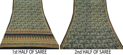 Indian Vintage Sari Black Art Silk Hand Embroidered Kantha Sarees 5yd Craft Fabric Ethnic Sewing Floral Soft Sequins Quilting Crafting Used
