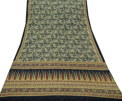 Indian Vintage Sari Black Art Silk Hand Embroidered Kantha Sarees 5yd Craft Fabric Ethnic Sewing Floral Soft Sequins Quilting Crafting Used