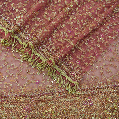 Indian Vintage Heavy Pink Dupatta Net Mesh Long Stole Hand Embroidered Scarves Golden Zardozi Dabka Zari Sequins Wedding Dupatta Party Wear