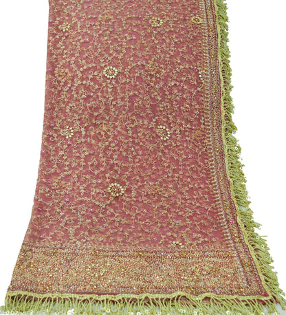 Indian Vintage Heavy Pink Dupatta Net Mesh Long Stole Hand Embroidered Scarves Golden Zardozi Dabka Zari Sequins Wedding Dupatta Party Wear