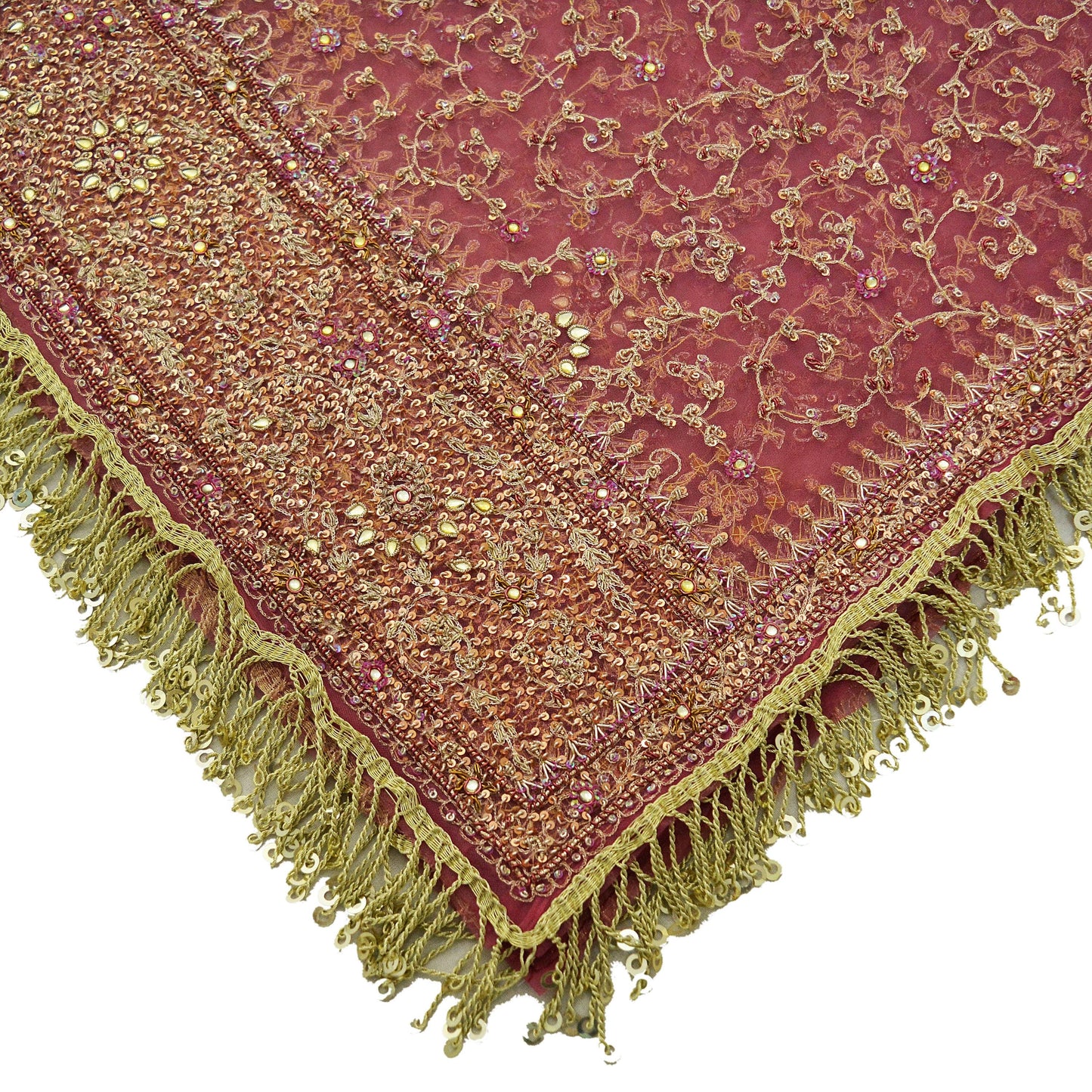 Indian Vintage Heavy Pink Dupatta Net Mesh Long Stole Hand Embroidered Scarves Golden Zardozi Dabka Zari Sequins Wedding Dupatta Party Wear