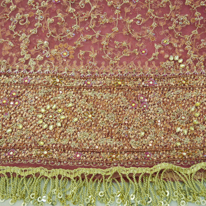 Indian Vintage Heavy Pink Dupatta Net Mesh Long Stole Hand Embroidered Scarves Golden Zardozi Dabka Zari Sequins Wedding Dupatta Party Wear