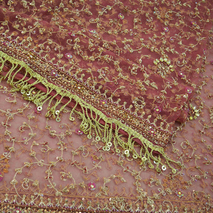 Indian Vintage Heavy Pink Dupatta Net Mesh Long Stole Hand Embroidered Scarves Golden Zardozi Dabka Zari Sequins Wedding Dupatta Party Wear