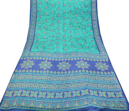 Indian Vintage Sari Green & Blue Batik Printed Saree 100% Pure Cotton 5Yd Craft Fabric Soft Sewing Sarong Wrap Boho Quilting Dress Making