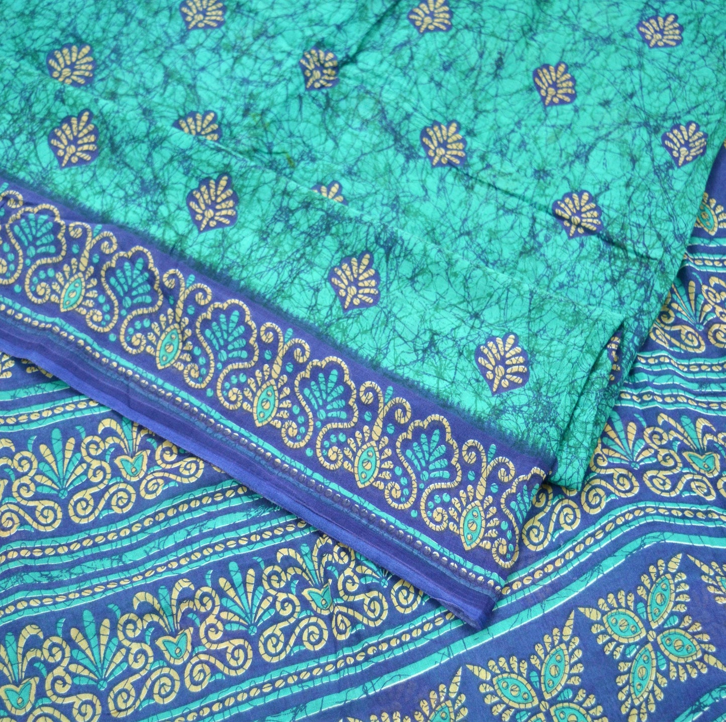 Indian Vintage Sari Green & Blue Batik Printed Saree 100% Pure Cotton 5Yd Craft Fabric Soft Sewing Sarong Wrap Boho Quilting Dress Making