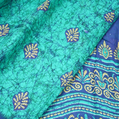 Indian Vintage Sari Green & Blue Batik Printed Saree 100% Pure Cotton 5Yd Craft Fabric Soft Sewing Sarong Wrap Boho Quilting Dress Making