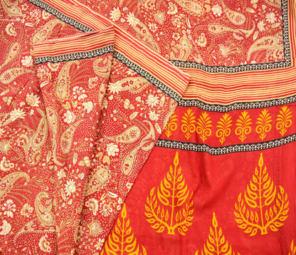 Indian Vintage Sari Red Printed Saree 100% Pure Cotton 5Yd Craft Fabric Sewing Soft Sarong Wrap Boho Paisley Quilting Dress Making Crafting