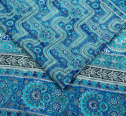 Indian Vintage Sari Blue & Gray 100% Pure Silk Printed Saree 5yd Sewing Craft Fabric Soft  DressMaking Wrap Quilting Wrapping Crafting