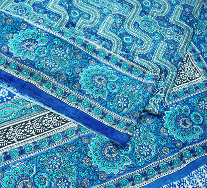 Indian Vintage Sari Blue & Gray 100% Pure Silk Printed Saree 5yd Sewing Craft Fabric Soft  DressMaking Wrap Quilting Wrapping Crafting