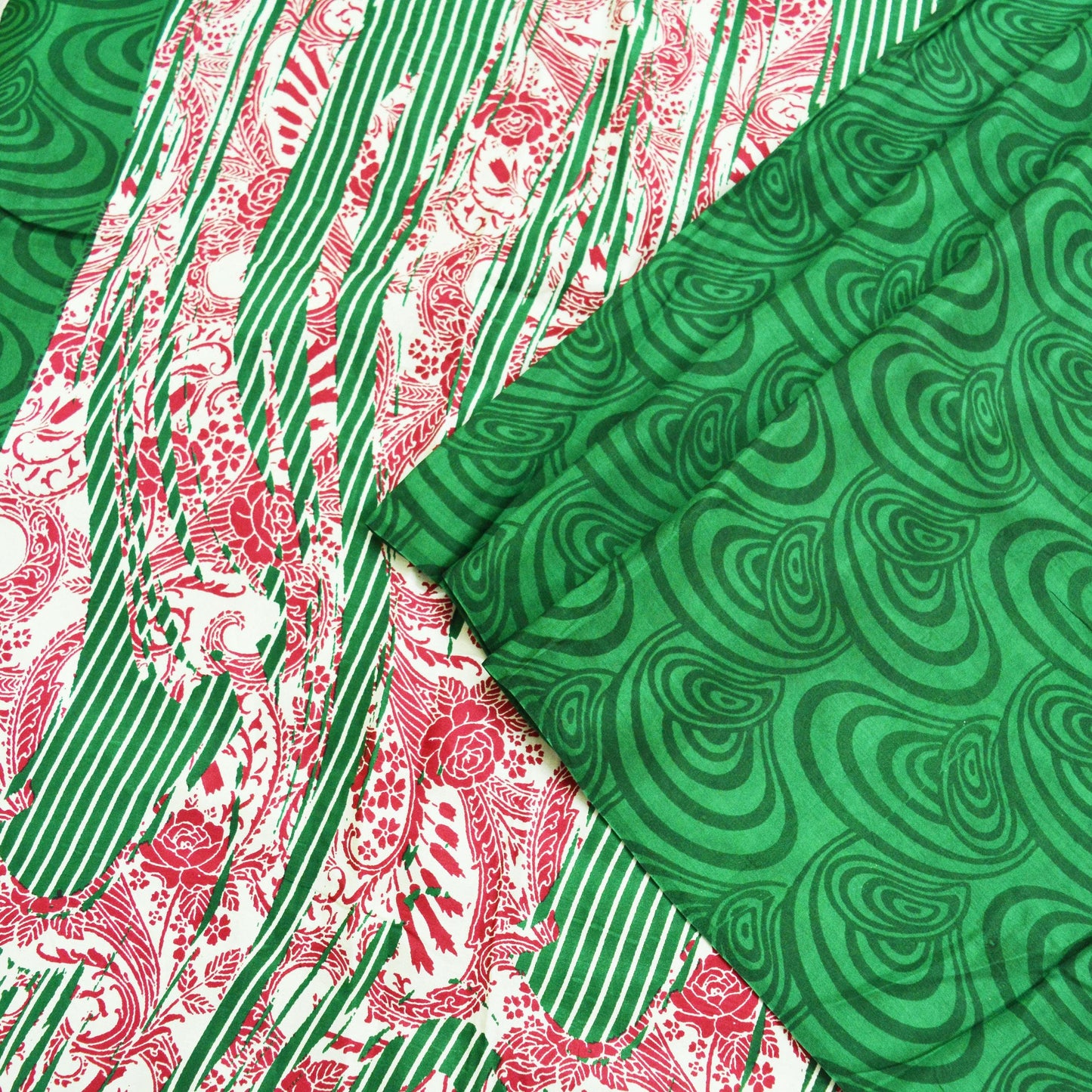 Indian Vintage Sari Ivory & Green Pure Silk Printed Saree 5yd Sewing Craft Fabric Soft DressMaking Abstract Quilting Crafting Used Upcycle