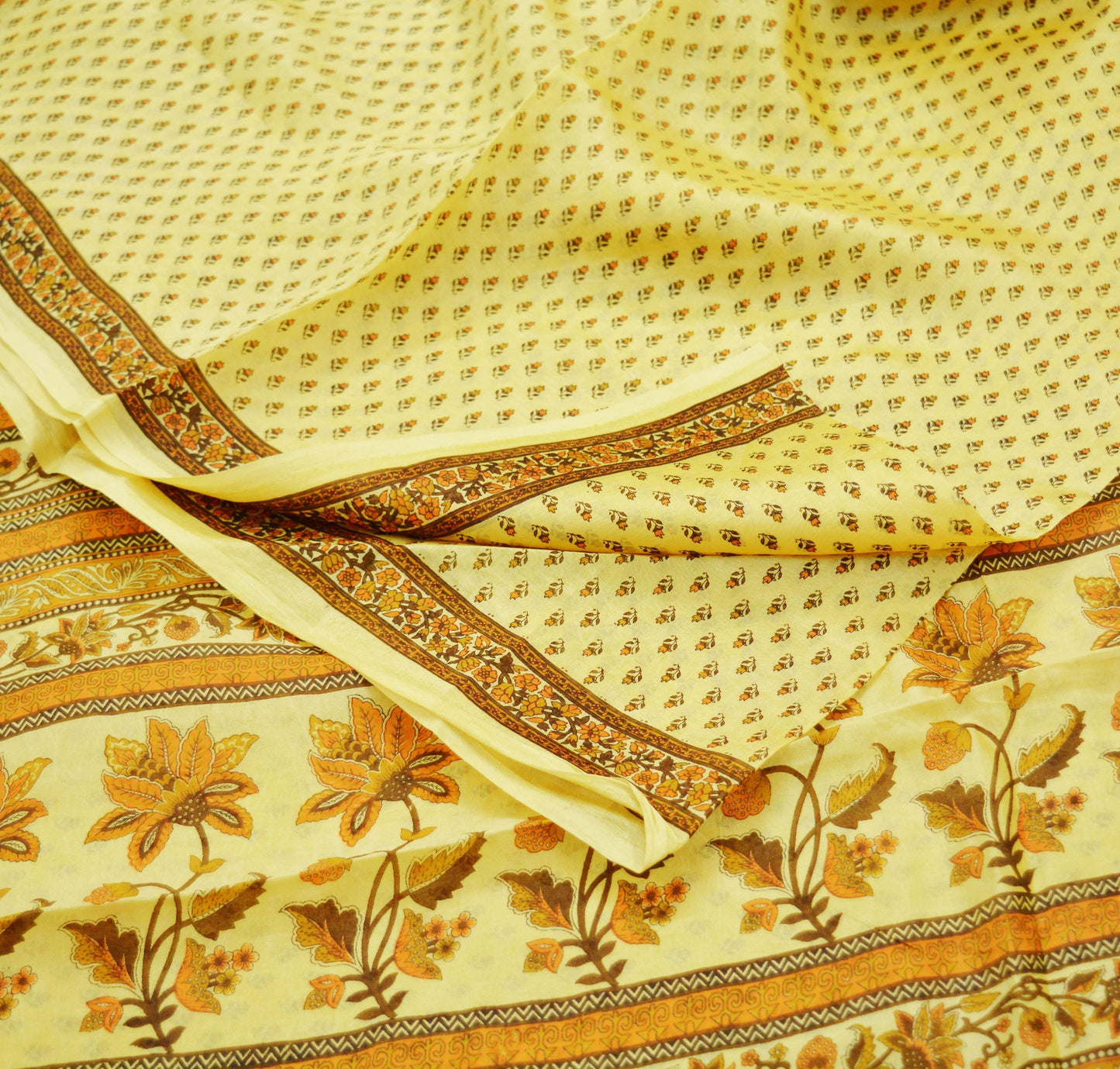 Indian Vintage Sari Beige 100% Pure Silk Printed Saree 5rd Sewing Craft Fabric DressMaking  Soft Floral