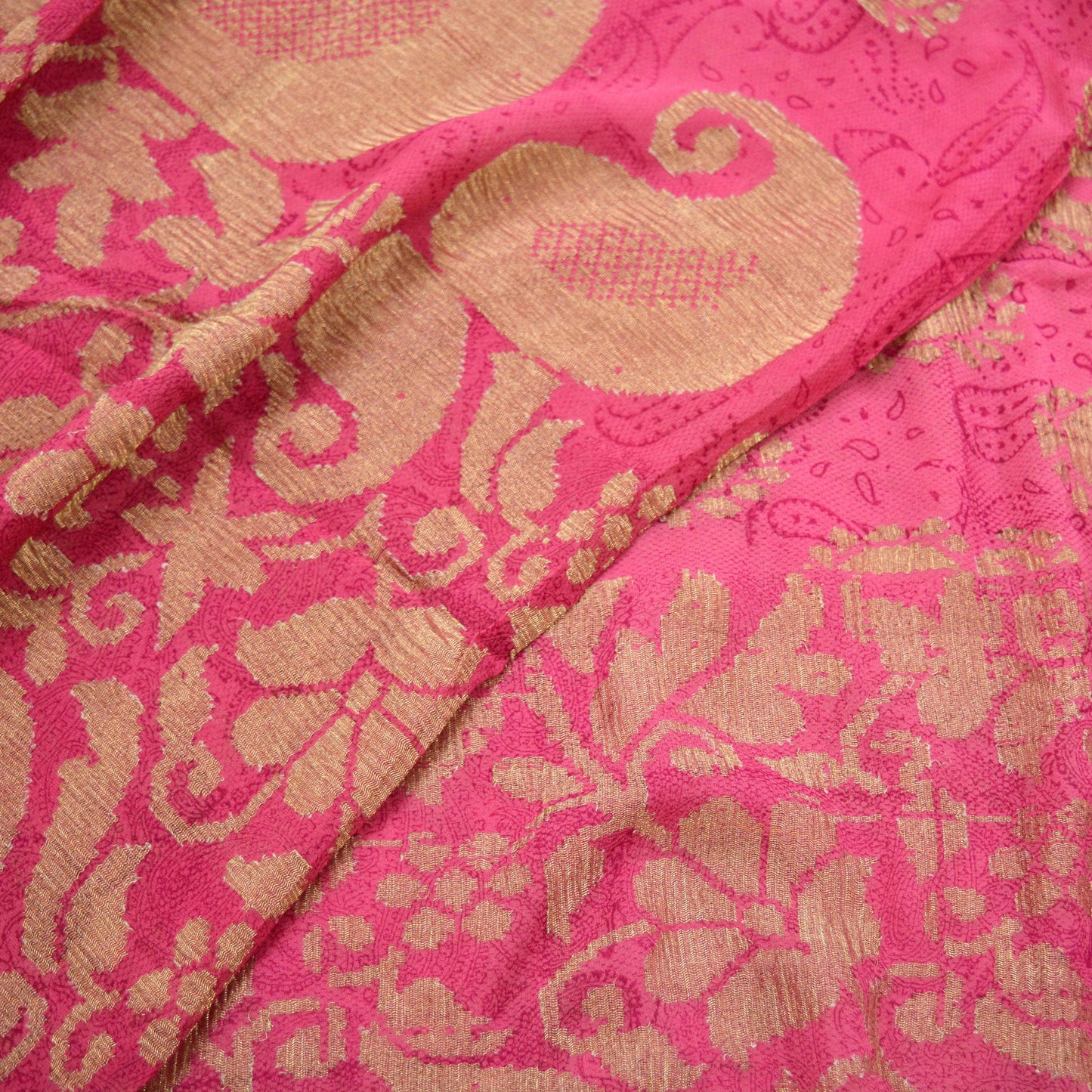 Indian Vintage Sari Pink Pure Georgette Silk Woven Block Printed Sarees 5Yd Craft Fabric Sewing Soft Dress Making Woven Zari Border Quilting