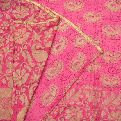 Indian Vintage Sari Pink Pure Georgette Silk Woven Block Printed Sarees 5Yd Craft Fabric Sewing Soft Dress Making Woven Zari Border Quilting