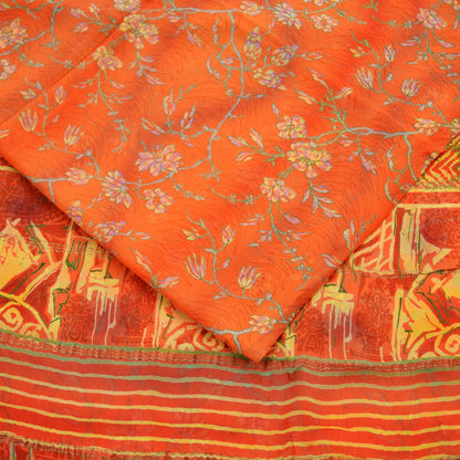 Indian Vintage Sari Orange Pure Chiffon Silk Printed Sarees 5Yd Craft Fabric Sewing Soft Light Sari Dress Making Golden Zari Border Quilting