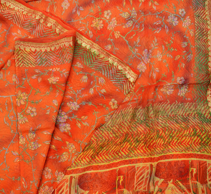 Indian Vintage Sari Orange Pure Chiffon Silk Printed Sarees 5Yd Craft Fabric Sewing Soft Light Sari Dress Making Golden Zari Border Quilting