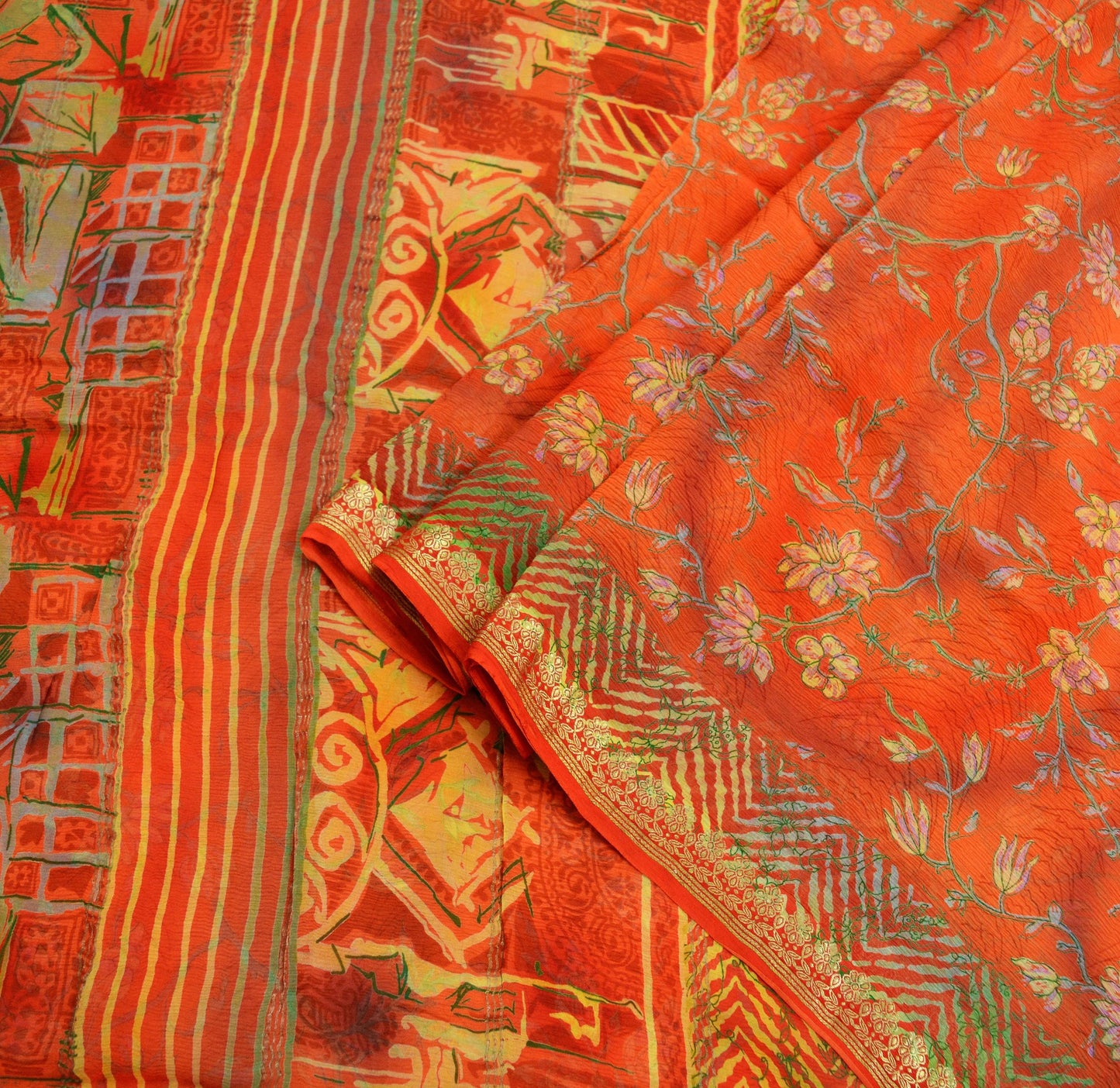 Indian Vintage Sari Orange Pure Chiffon Silk Printed Sarees 5Yd Craft Fabric Sewing Soft Light Sari Dress Making Golden Zari Border Quilting