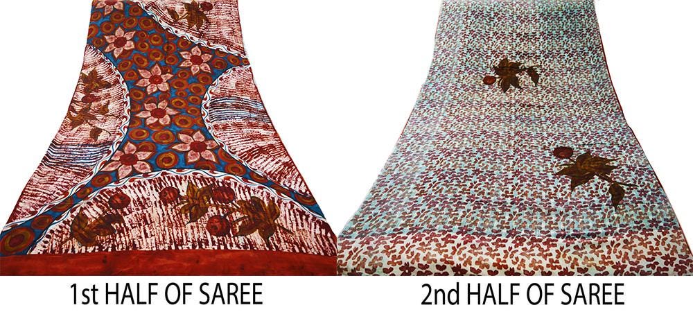 Indian Vintage Sari Blue & Maroon Pure Crepe Silk Printed Saree 5yard Sewing Floral Soft Craft Fabric Wrap