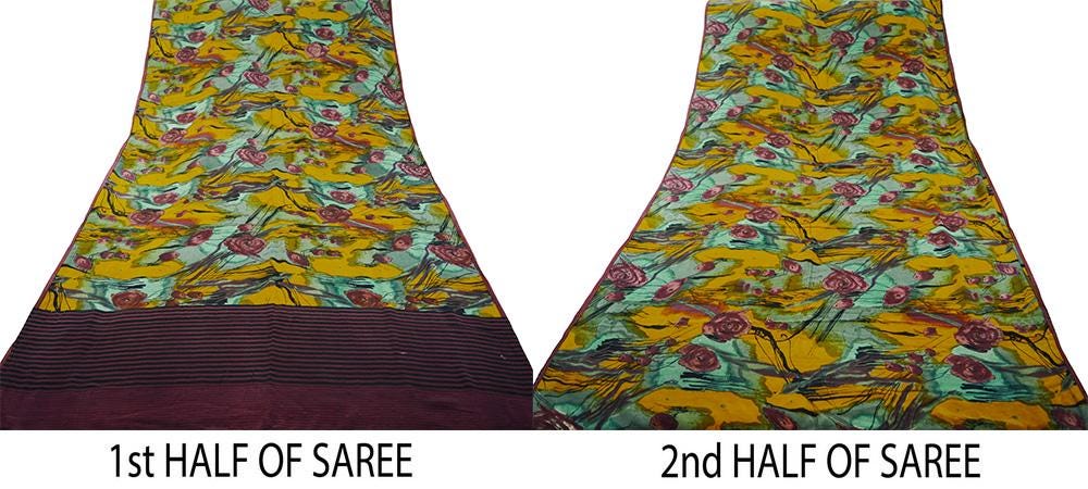 Indian Vintage Sari Green & Mustard Pure Crepe Silk Printed Saree 5yard Sewing Floral Soft Craft Fabric Wrap