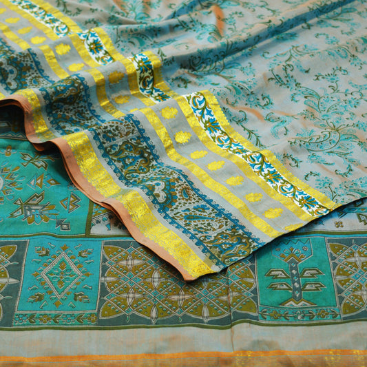 Indian Vintage Sari Green & Orange 100% Pure Silk Printed Saree 6yard Sewing Craft Fabric DressMaking Soft Golden Zari