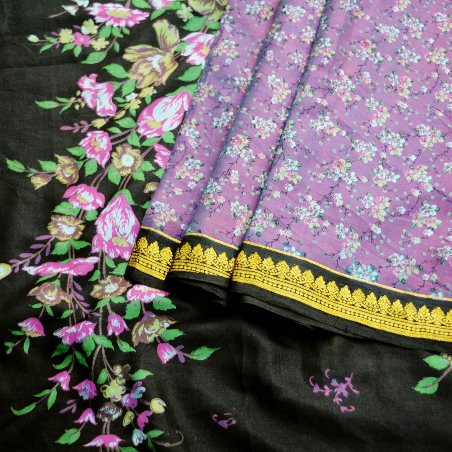 Indian Vintage Sari Black & Purple 100% Pure Silk Printed Saree 5yard Sewing Craft Fabric DressMaking Soft Zari Floral